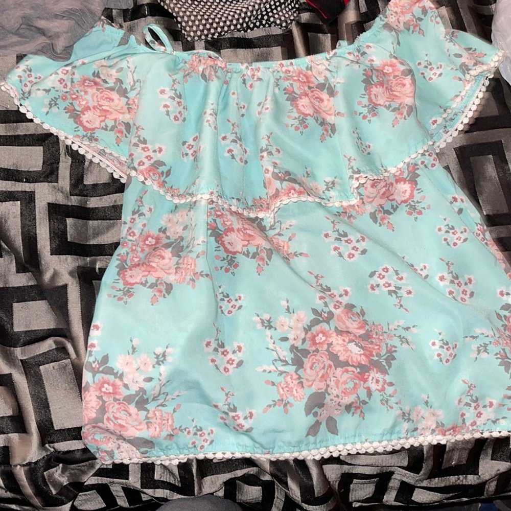 Flower pattern designs, light blue back ground, off shoulder look